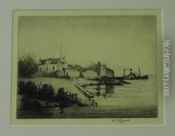 Castle Dunglas On The Clyde. Drypoint Etching,signed. Oil Painting - William Renison