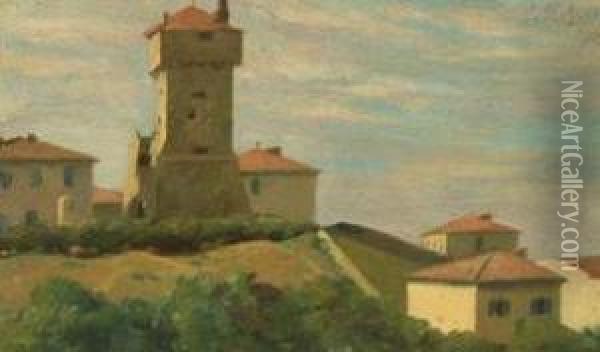 Paese Toscano Con Torre Oil Painting - Pompeo Massini