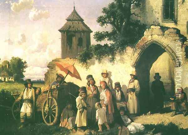 In Front of the Church Oil Painting - Jozef Szermentowski