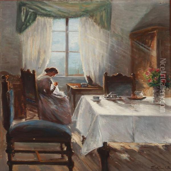 Living Room With A Woman Sewing Oil Painting - Emilie Christensen