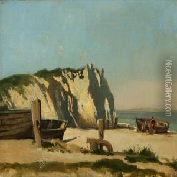 Coastal Scenery With Boats On The Beach Oil Painting - N. F. Schiottz-Jensen