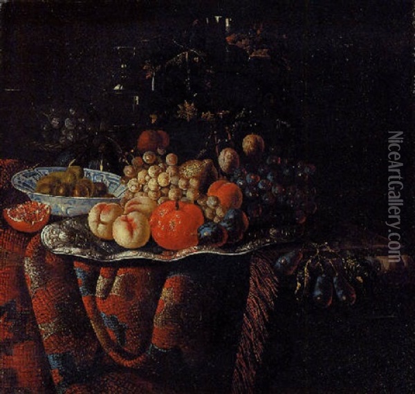Peaches, Grapes And Other Fruit On A Silver Dish, Plums In A Wanli Kraak, With Other Objects On A Partially Draped Marble Table Oil Painting - Huybert van Westhoven