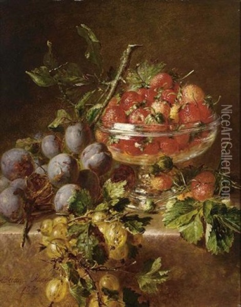 A Still Life With Prunes, Gooseberries And Strawberries In A Bowl Oil Painting - Adriana Johanna Haanen