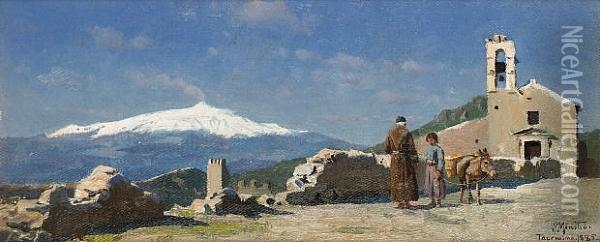 View Of Taormina From Etna Oil Painting - Peder Mork Monsted