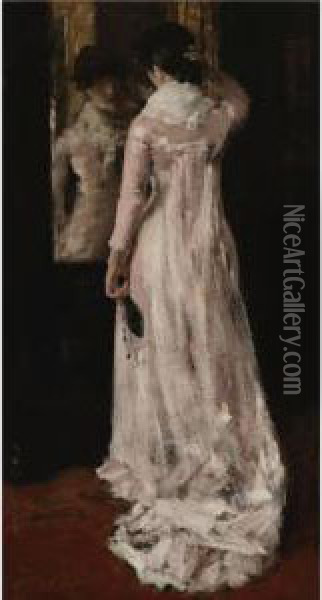 I Think I Am Ready Now (the Mirror, The Pink Dress) Oil Painting - William Merritt Chase