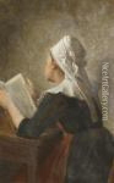 American, - Breton Woman Reading,1889 Oil Painting - Enoch Wood Perry