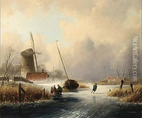 A Winter Landscape With Figures On The Ice Oil Painting - Cornelis Petrus T' Hoen