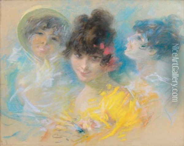 Visage De Femmes (study) Oil Painting - Jules Cheret