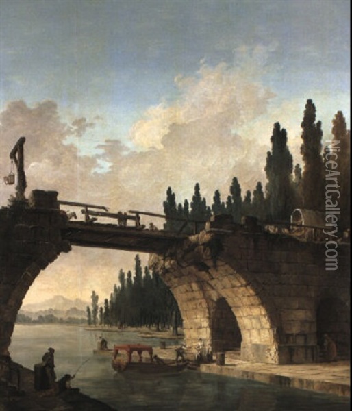 Cart Crossing A Ruined Bridge Over A River With A Family Boarding A Barge Oil Painting - Hubert Robert