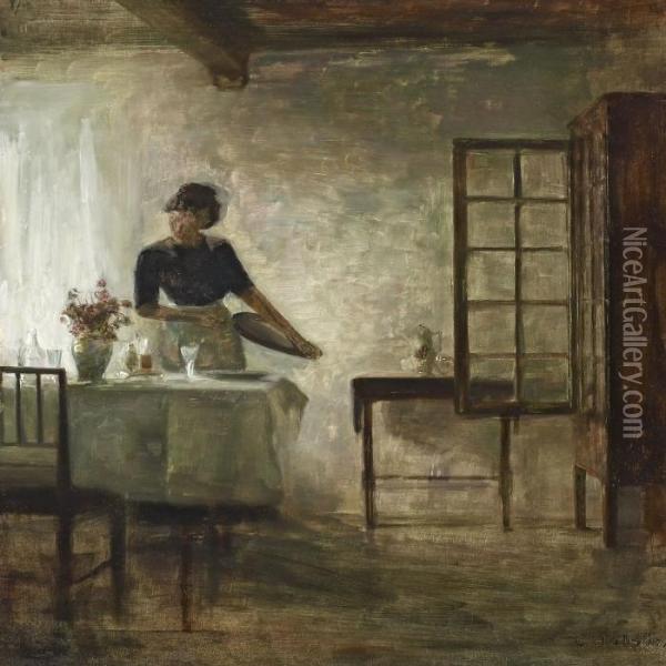The Table Is Being Set Oil Painting - Carl Vilhelm Holsoe