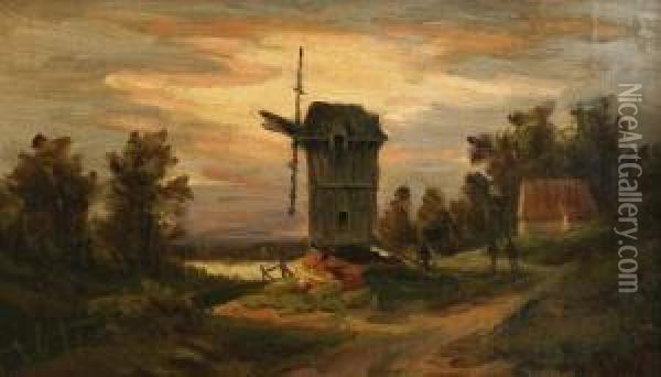 Wind Mill With Staffage Oil Painting - Anton Waldhauser