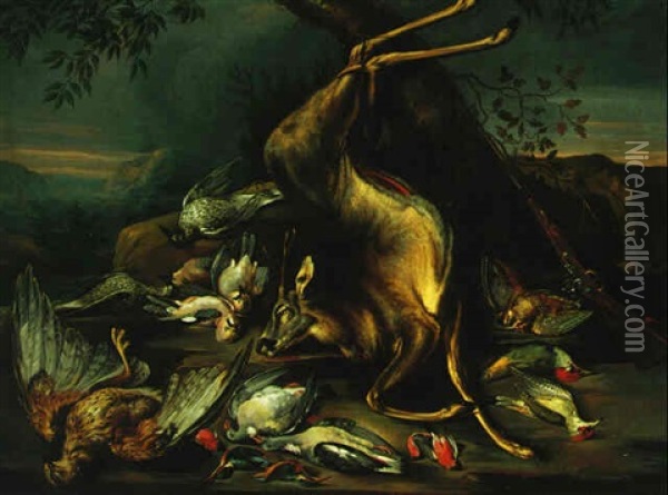 Still Life Of A Deer, An Eagle, Pigeons, Kingfishers, Woodpeckers And A Gun In A Landscape Setting Oil Painting - Philipp Ferdinand de Hamilton