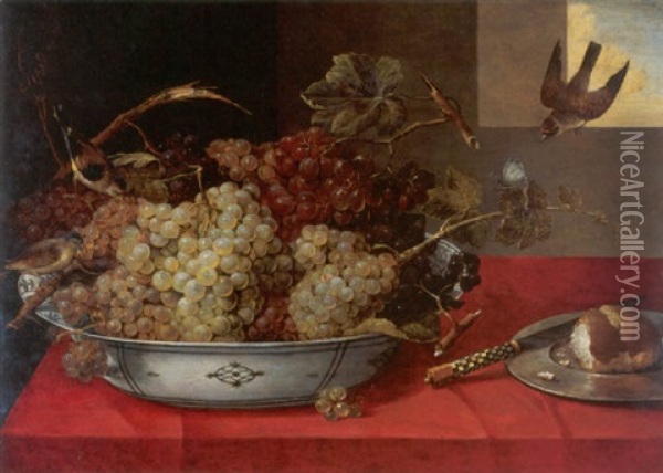 Still Life Of Grapes In A Wanli Kraak Porcelin Bowl, A Bread Roll On A Pewter Plate And A Knife, All Resting On A Table Oil Painting - Pieter Binoit