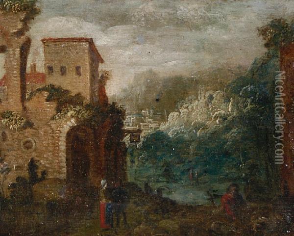 Landscape With Buildings And Figures Oil Painting - Marten Ryckaert