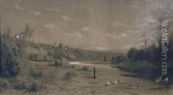 Gardienne De Canards Dans Un Paysage Oil Painting - Louis Adolphe Hervier