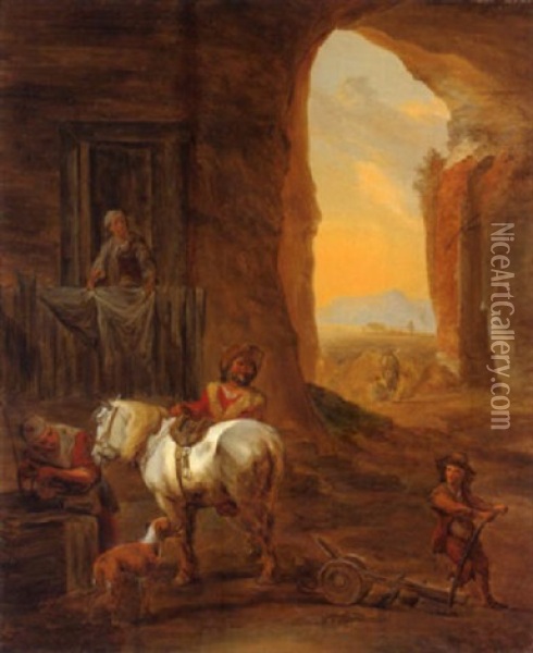 Rastender Reiter Am Brunnen Vor Einem Bauernhaus Oil Painting - Abraham (Alexandre) Teerlink