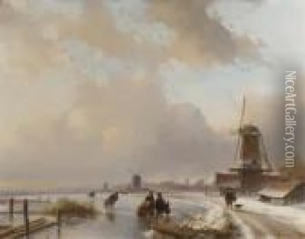 Skaters On The Ice By Windmills, A Koek And Zopie In The Distance Oil Painting - Andreas Schelfhout