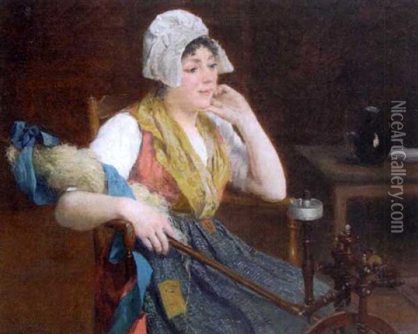 Femme Au Rouet Oil Painting - Alphonse Gaudefroy