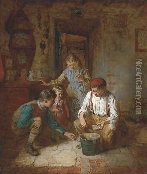 Children in a cottage interior Oil Painting - Robert W. Wright