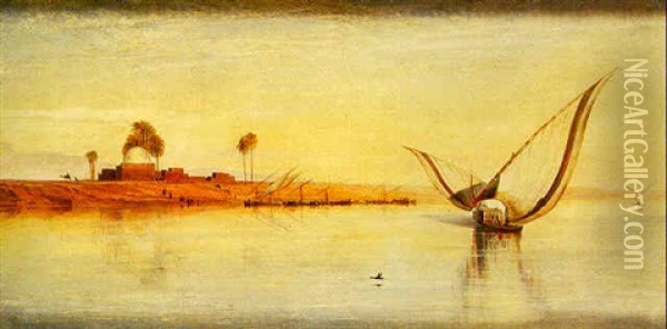 Nileboats Near Deir El Kadige, Noon Oil Painting - Edward Lear