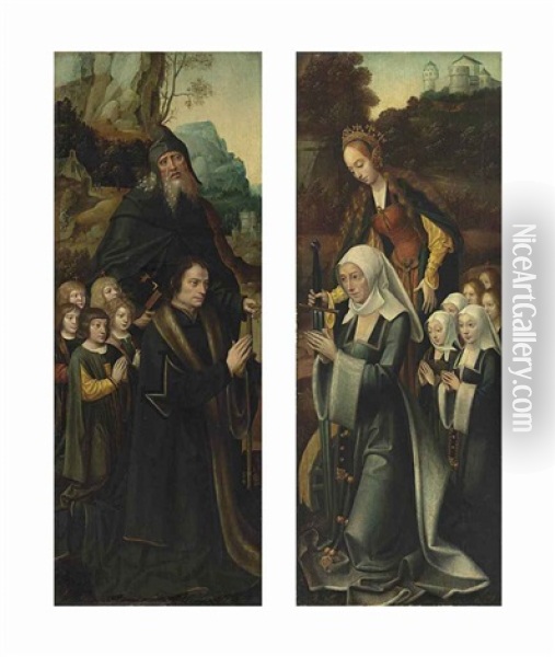 Saint Anthony Abbot With A Kneeling Donor And His Five Sons; Saint Catherine, With A Kneeling Female Donor And Her Six Daughters (pair) Oil Painting -  The Master of the van Groote Adoration