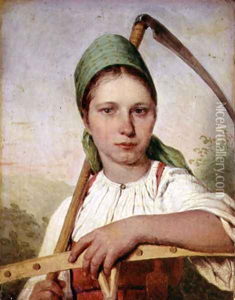 Peasant Woman with a Scythe and Rake, c.1825 Oil Painting - Aleksei Gavrilovich Venetsianov