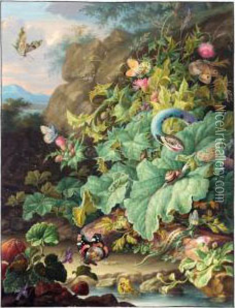 Thistles, Daisies And Mushrooms 
By A Pond With A Snake, A Lizard, A Frog And Various Insects Oil Painting - Herman Henstenburgh