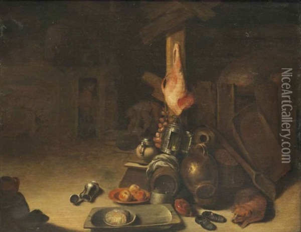 A Barn Interior With A Dog Sleeping Beside Cooking Vessels, A Pair Of Shoes, With A Ham Hanging, Peasants Beyond Oil Painting - Pieter Jacobsz Duyfhuysen