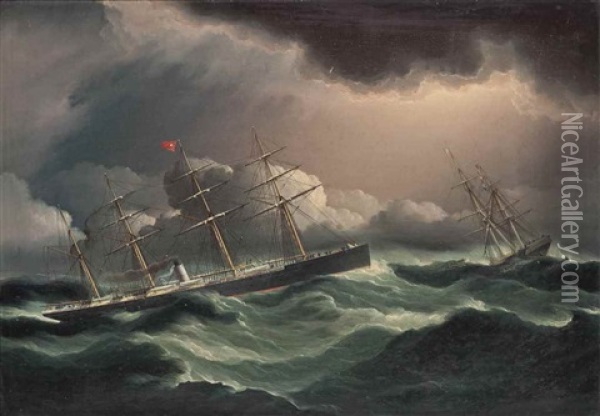 The White Star Liner Baltic Picking Up The 26 Crew Of The Waterlogged And Foundering Sailing Ship Oriental In The North Atlantic, 18 November 1875 Oil Painting - James Edward Buttersworth