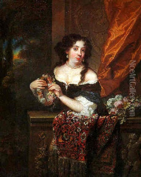 Portrait Of A Lady, Standing By A Curtain Behind A Draped Balustrade, Wearing Brown Dress With White Chemise Oil Painting - Johan van Haensbergen