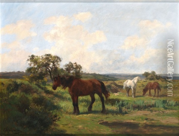Weite Landschaft Mit Drei Grasenden Pferden Oil Painting - Clement (Charles-Henri) Quinton