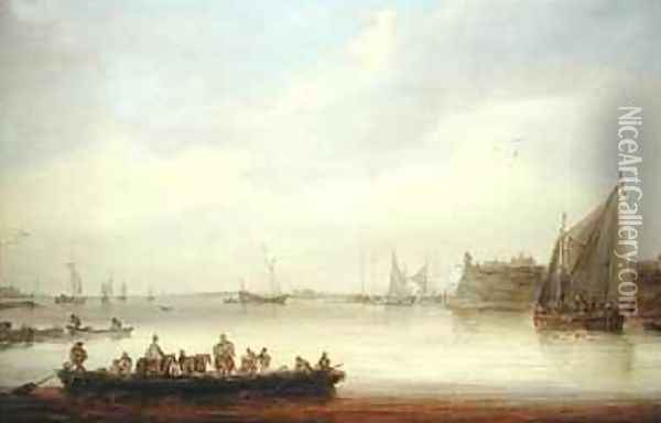 A River Landscape with a Ferry Boat Oil Painting - Jan van Goyen