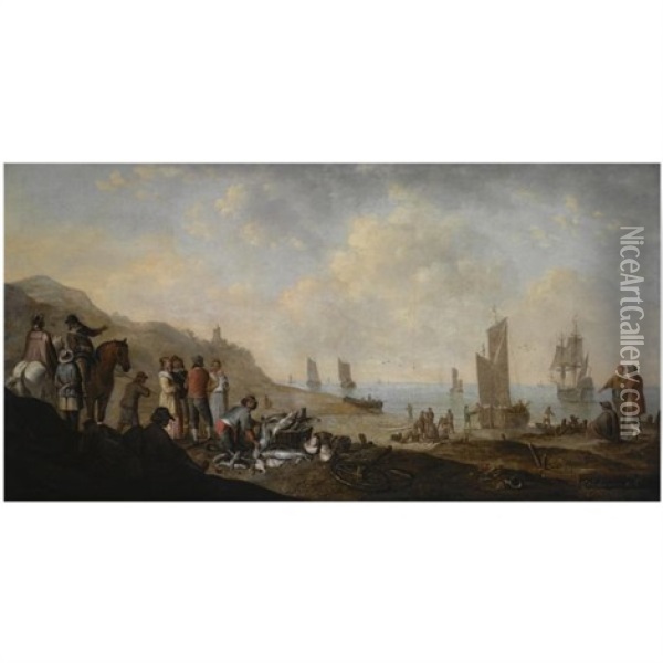 A Beach Scene With Fishermen Unloading The Catch, Two Horsemen Conversing To The Left Oil Painting - Jan De Bondt