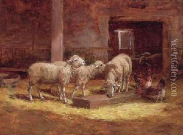 Sheep And Chickens In A Barn Oil Painting - Charles Clair