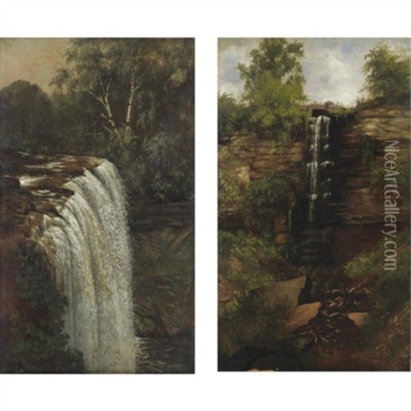 Minnehaha Falls (+ Woodland Falls; Pair) Oil Painting - Joseph Rusling Meeker