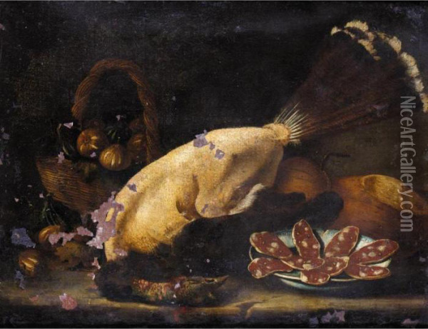 Still Life Of A Basket Of Figs 
Together With A Plucked Bird, A Plate Of Salami And Loaves Of Bread On A
 Stone Ledge Oil Painting - Bartolomeo Arbotori
