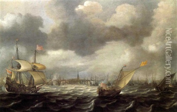 Bateaux Devant Le Port D'amsterdam Oil Painting - Justus Verwer
