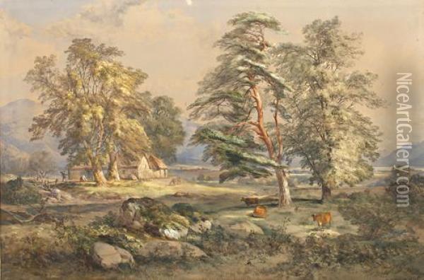 Highland Landscape, With Figures And Cattle By A Croft Oil Painting - James Ferrier