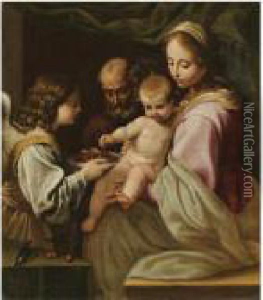 The Holy Family With An Angel Offering The Christ Child A Plate Of Cherries Oil Painting - Simone Cantarini Il Pesarese