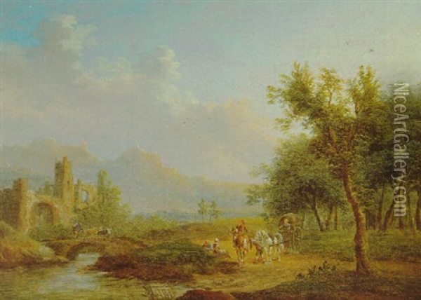 Fluslandschaft Mit Ruinen Und Reisenden Oil Painting - Christian Georg Schuetz the Younger