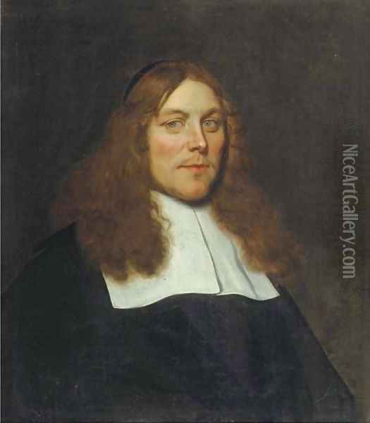 A portrait of a vicar, aged 34, bust-length, in a black costume with a white flat collar Oil Painting - Ludolf de Jongh