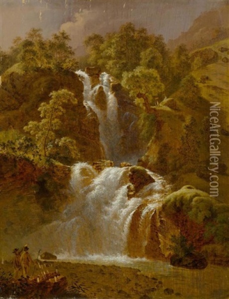 Wasserfall Mit Personenstaffage Im Vordergrund Oil Painting - Franz Niklaus Koenig