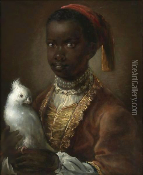 Portrait Of A Black Page With A White Parrot Oil Painting - Antoine Pesne