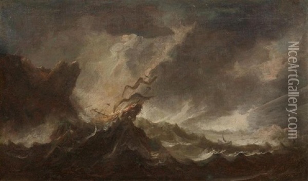 Pair Of Works: Ships At High Sea Oil Painting - Antonio Maria Marini