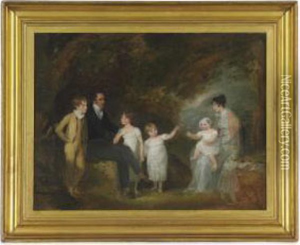 Group Portrait Possibly Of The Artist And Her Family In A Landscape Oil Painting - Maria Spilsbury