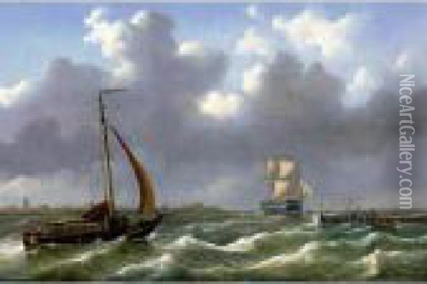 Dutch Ships Sailing In Rough Waters Oil Painting - Abraham Hulk Jun.