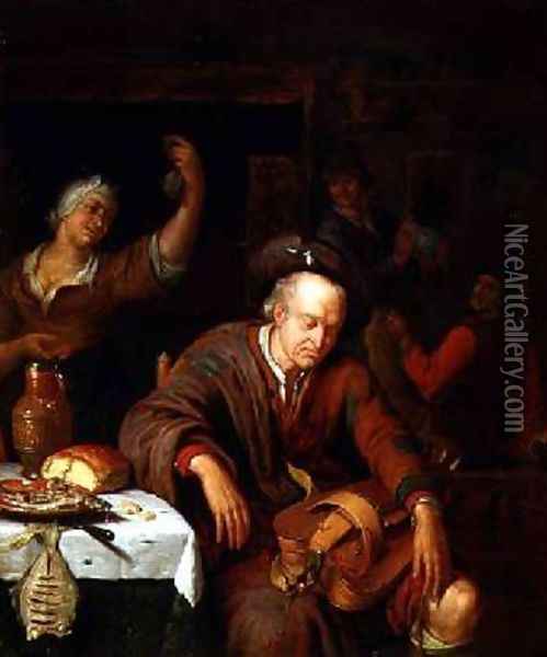 The Hurdy Gurdy Player Asleep in a Tavern Oil Painting - Willem van Mieris