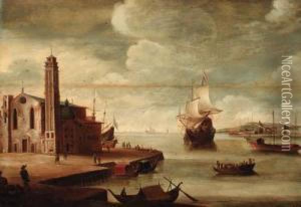 An Italianate Harbour With A Church On A Quayside Oil Painting - Dirck Verhaert