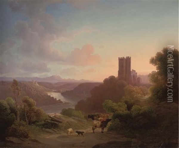 Cattle Before A Riverside Castle, Dusk Oil Painting - Karoly Marko the Younger