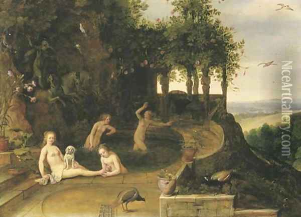 Diana and her nymphs bathing Oil Painting - Adriaan van Stalbemt